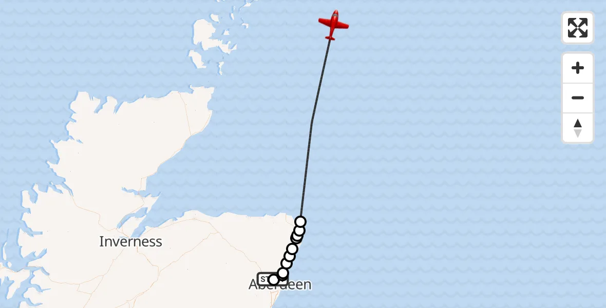 Flight path map showing Air Ambulance Aircraft route from Aberdeen International Airport to North Sea