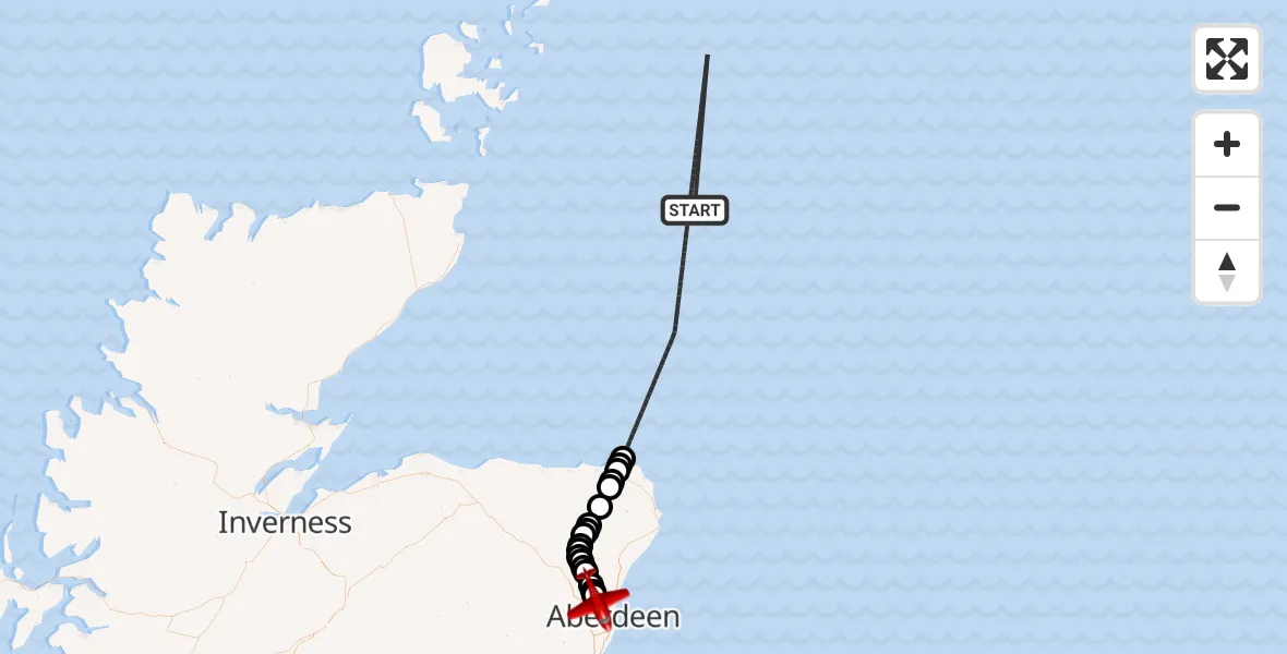 Flight path map showing Air Ambulance Aircraft route from North Sea to Aberdeen International Airport