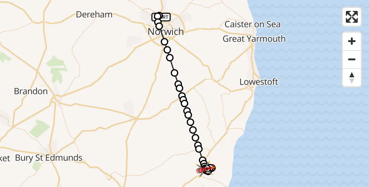 Routekaart van de vlucht: Air Ambulance Helicopter to Saxmundham, Southwood Close