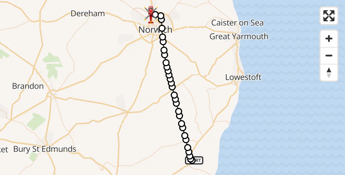 Flight path map showing Air Ambulance Helicopter route from Saxmundham to Norwich Airport