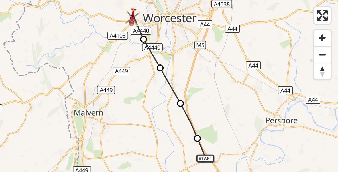 Flight path map showing Air Ambulance Helicopter route from Earl's Croome to Rushwick