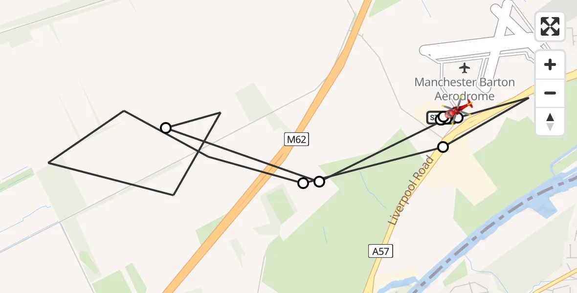 Flight path map showing Air Ambulance Helicopter route from Manchester Barton Aerodrome to Manchester Barton Aerodrome