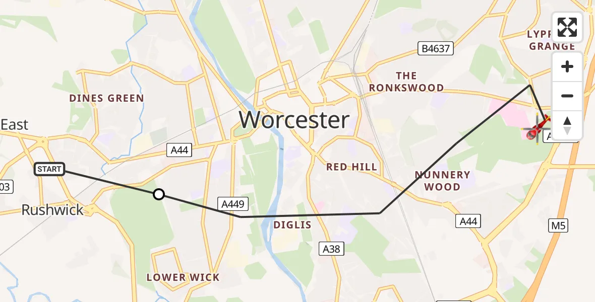 Flight path map showing Air Ambulance Helicopter route from Rushwick to Worcester