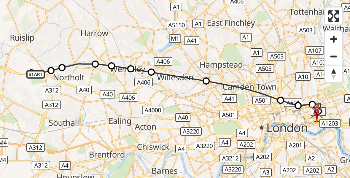 Flight path map showing Air Ambulance Helicopter route from RAF Northolt to Royal London Hospital