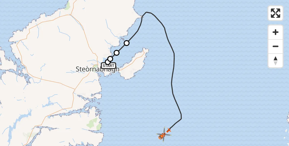 Flight path map showing Coastguard Helicopter route from Stornoway Airport to Inner Seas