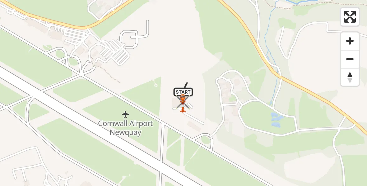 Flight path map showing Coastguard Helicopter route from Cornwall Airport Newquay to Cornwall Airport Newquay