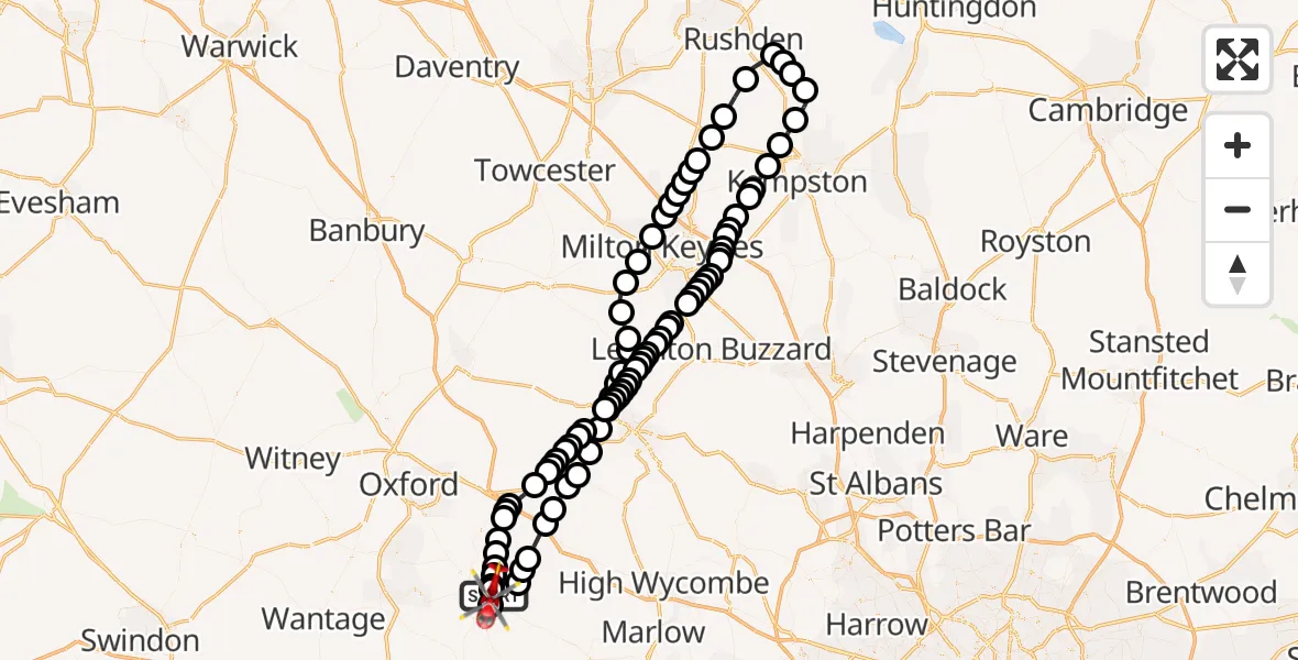 Flight path map showing Air Ambulance Helicopter route from RAF Benson to RAF Benson