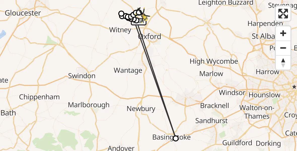 Flight path map showing Police Helicopter route from Bladon to Shipton-on-Cherwell