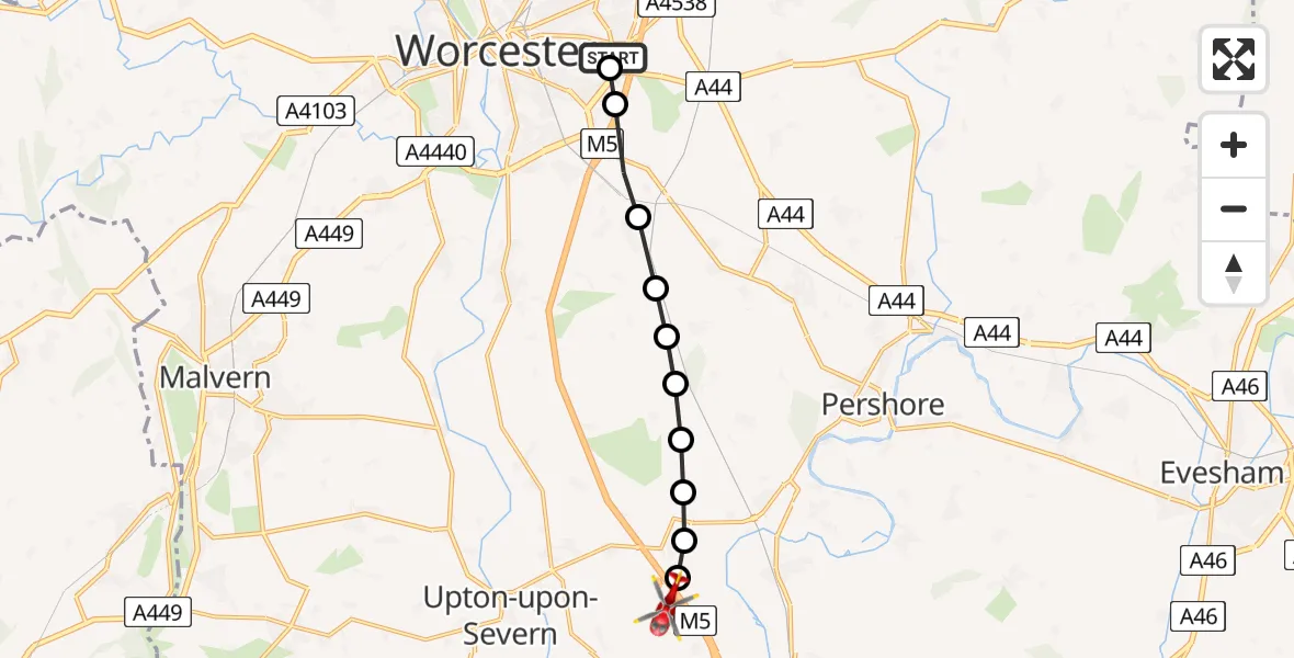 Flight path map showing Air Ambulance Helicopter route from Worcester Royal Hospital to Hill Croome