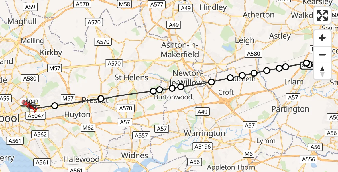 Flight path map showing Air Ambulance Helicopter route from Manchester Barton Aerodrome to Liverpool