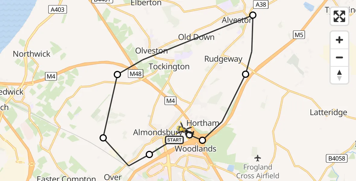 Flight path map showing Police Helicopter route from Almondsbury Helicopter Base to Almondsbury Helicopter Base
