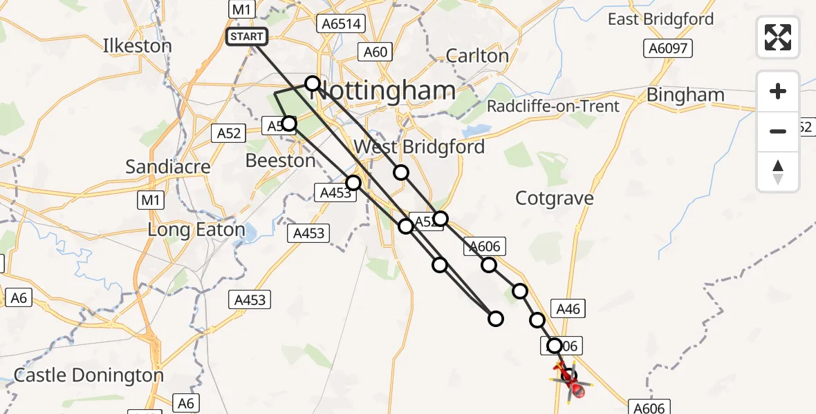 Flight path map showing Air Ambulance Helicopter route from Bulwell to Nottingham Heliport