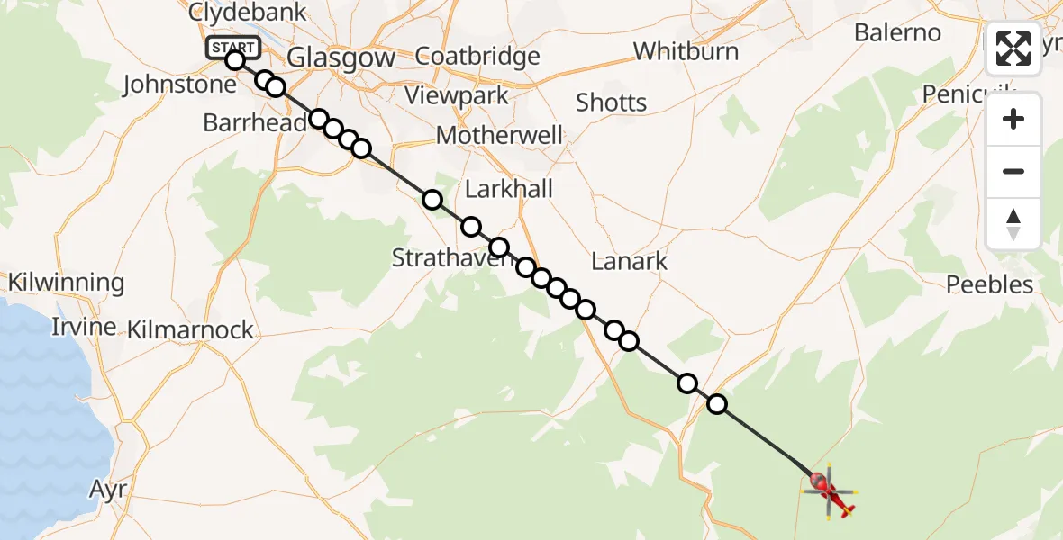 Flight path map showing Air Ambulance Helicopter route from Glasgow Airport to Blacklaw