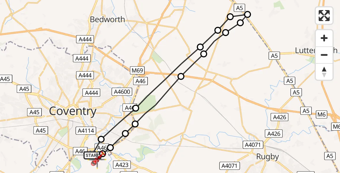 Flight path map showing Air Ambulance Helicopter route from Coventry Airport to Coventry Airport