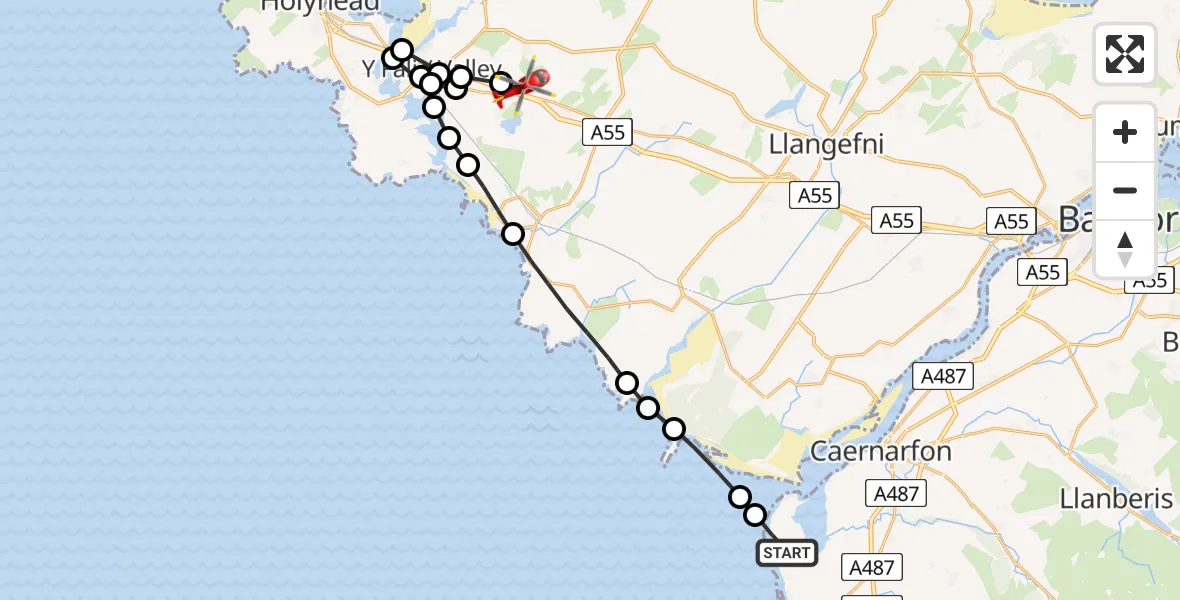 Flight path map showing Air Ambulance Helicopter route from Caernarfon Airport to Bodedern