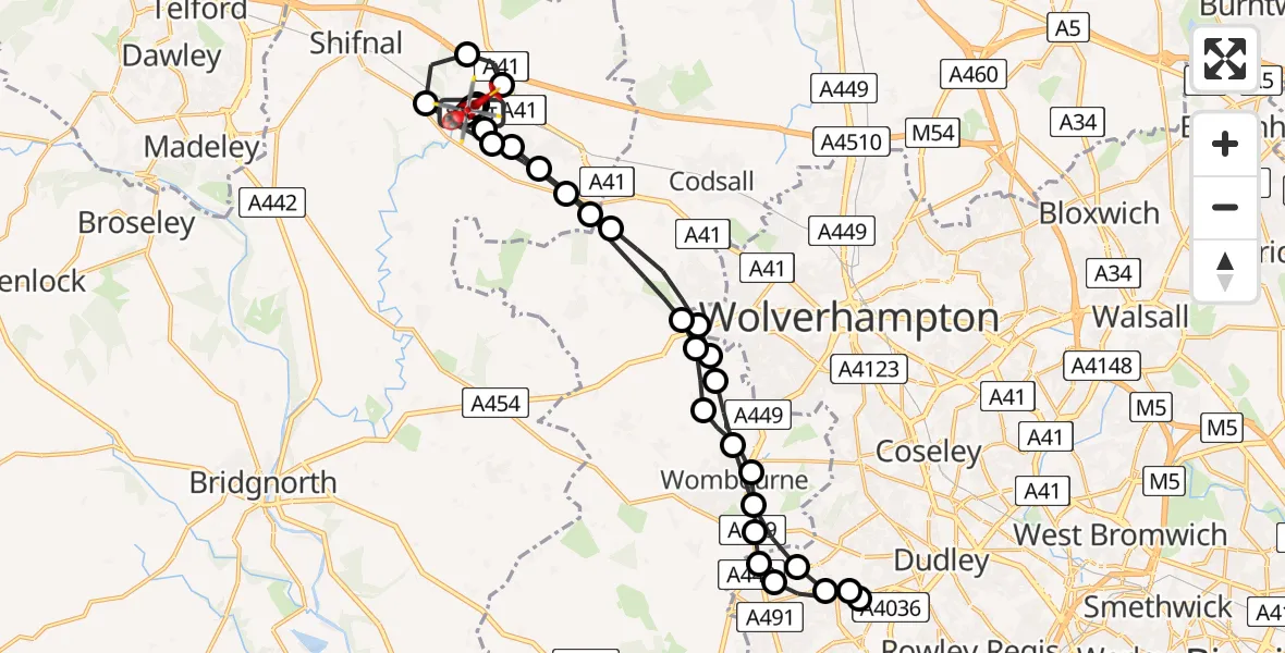 Routekaart van de vlucht: Air Ambulance Helicopter to Cosford, Airbase Avenue