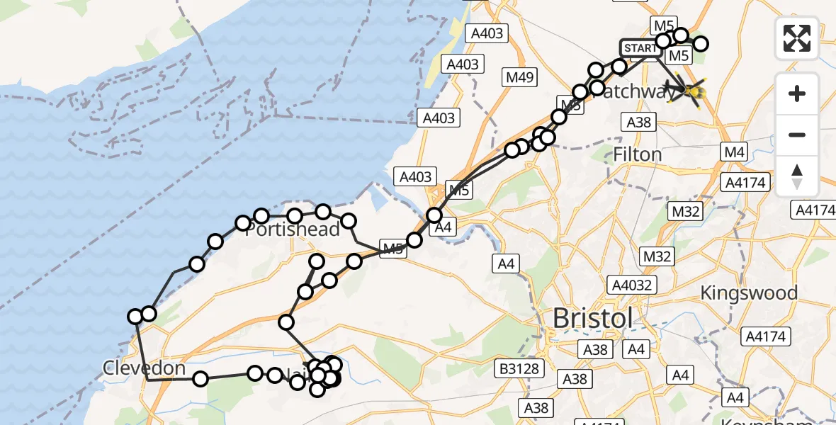 Flight path map showing Police Helicopter route from Almondsbury to Bradley Stoke