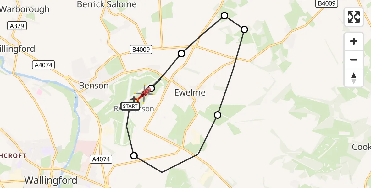 Flight path map showing Air Ambulance Helicopter route from RAF Benson to RAF Benson