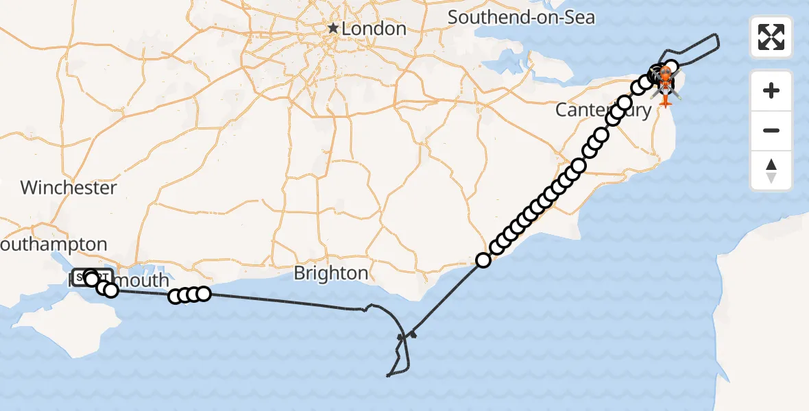 Flight path map showing Coastguard Helicopter route from Solent Airport to Manston Airport