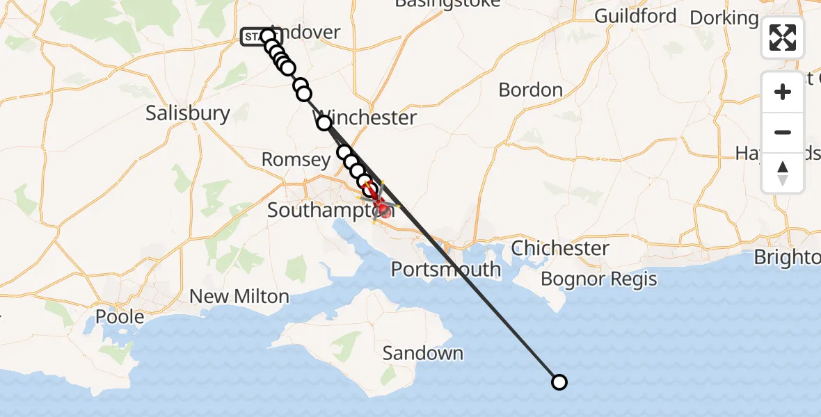Flight path map showing Air Ambulance Helicopter route from Thruxton to Botley