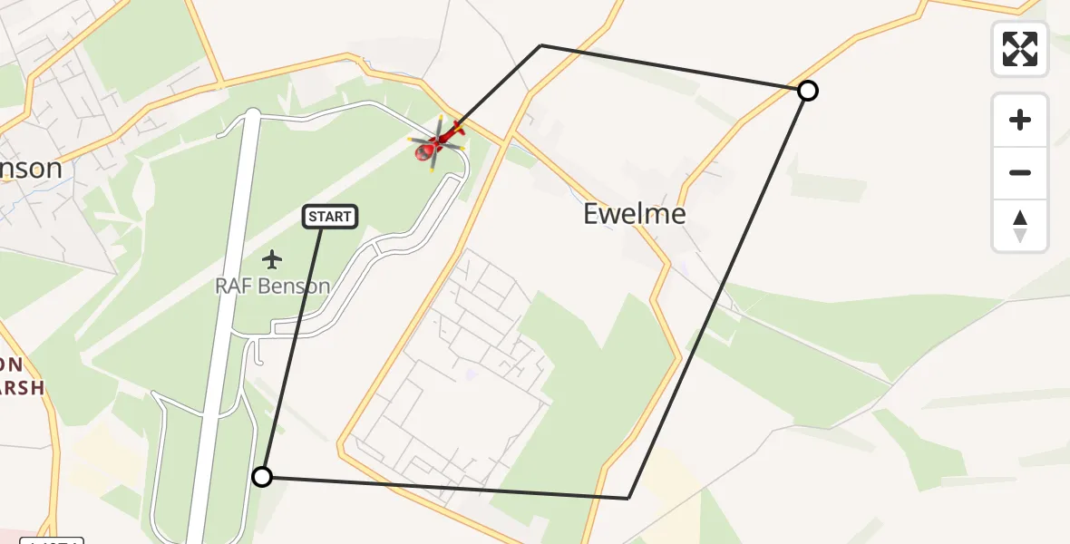 Flight path map showing Air Ambulance Helicopter route from RAF Benson to RAF Benson