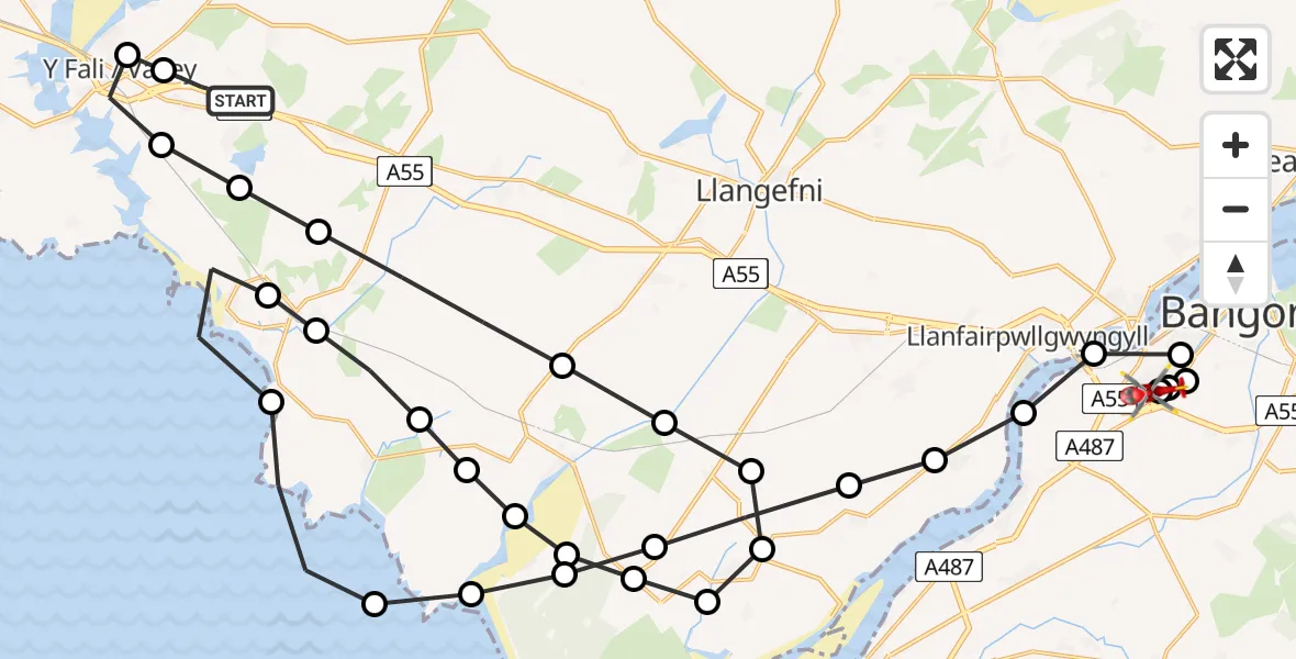 Flight path map showing Air Ambulance Helicopter route from Bodedern to Penrhos Garnedd