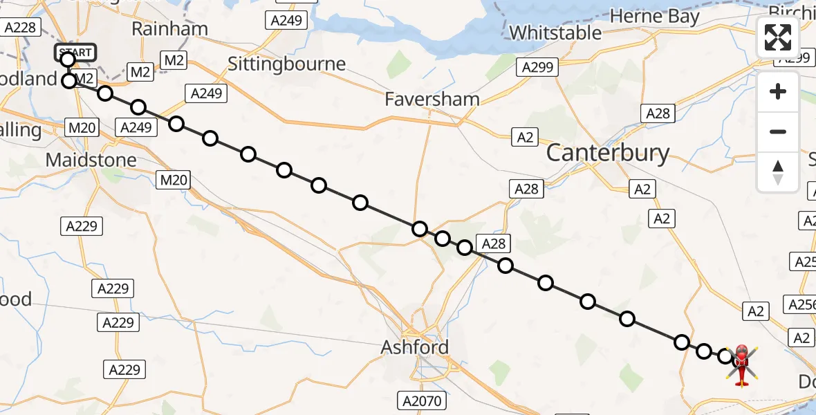 Flight path map showing Air Ambulance Helicopter route from Rochester Airport to Alkham