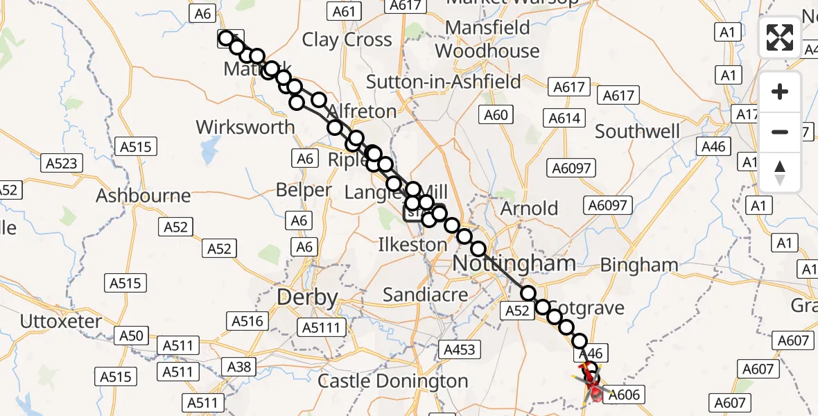 Routekaart van de vlucht: Air Ambulance Helicopter to Nottingham Heliport