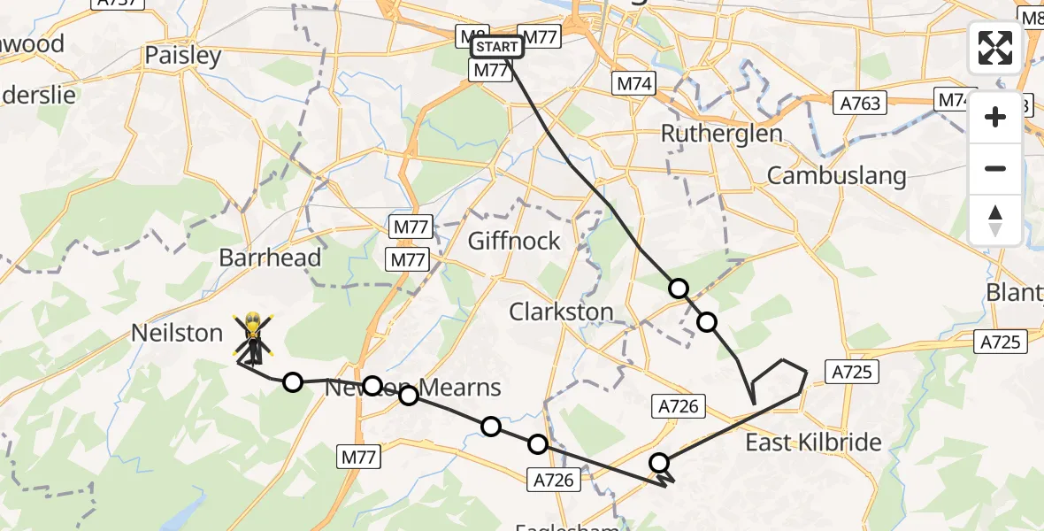 Flight path map showing Police Helicopter route from Glasgow to Barrhead