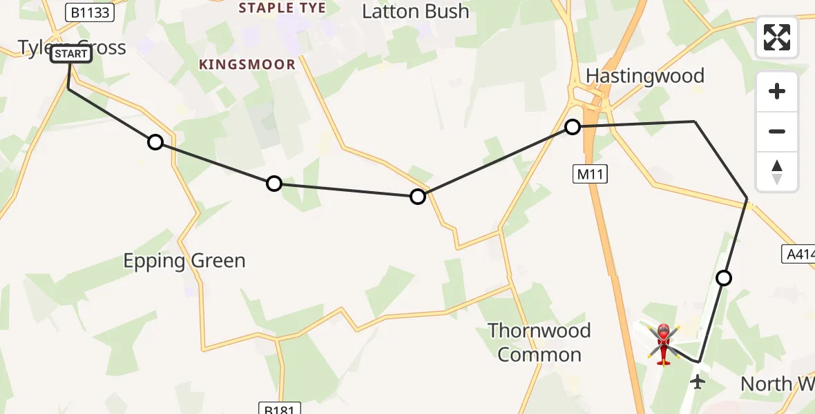 Flight path map showing Air Ambulance Helicopter route from Tylers Cross to North Weald Airfield