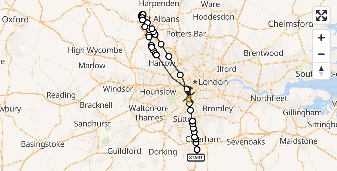 Flight path map showing Police Helicopter route from South Nutfield to Greater London