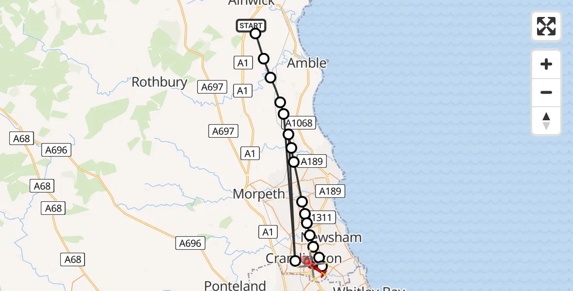 Flight path map showing Air Ambulance Helicopter route from Denwick to Cramlington