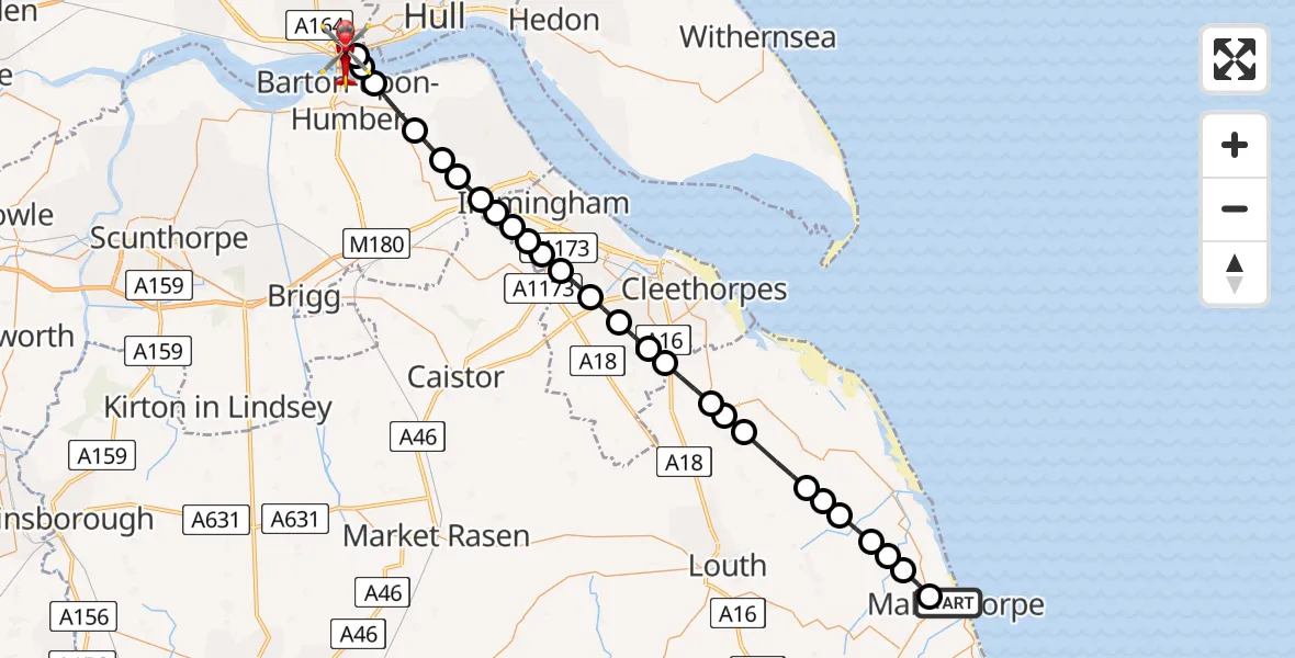 Flight path map showing Air Ambulance Helicopter route from Mablethorpe to Hessle