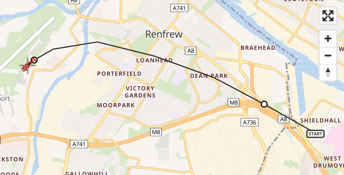 Flight path map showing Air Ambulance Helicopter route from Glasgow to Glasgow Airport