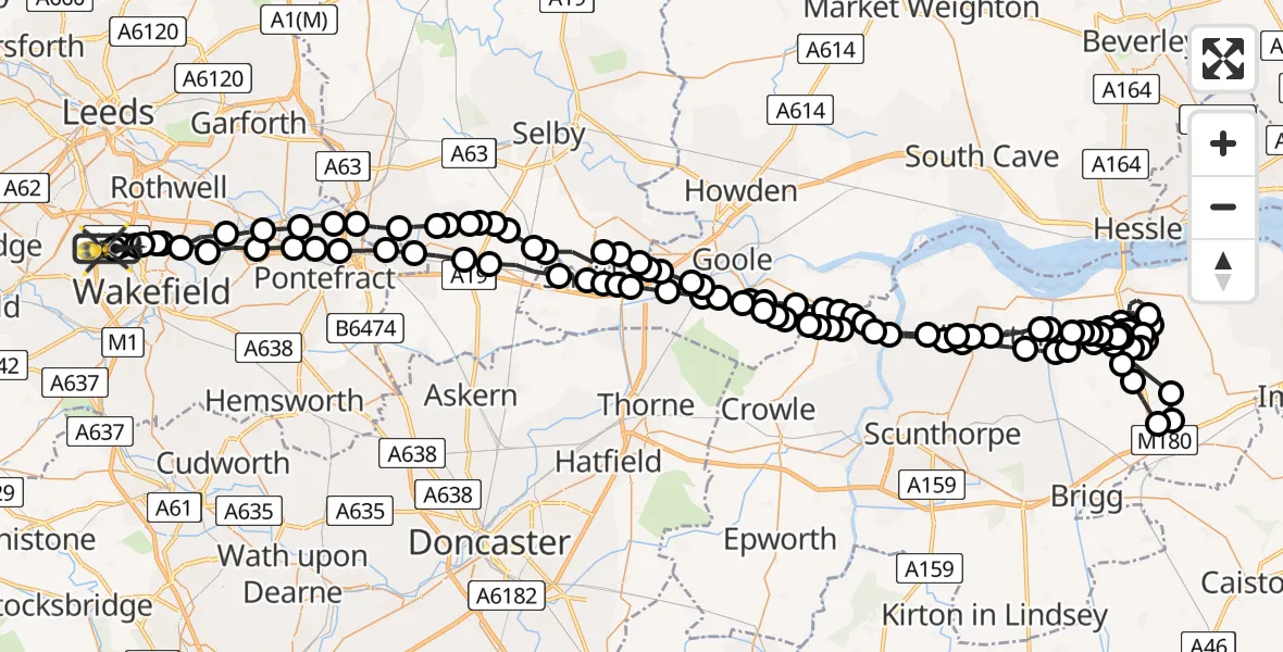 Flight path map showing Police Helicopter route from East Ardsley to East Ardsley