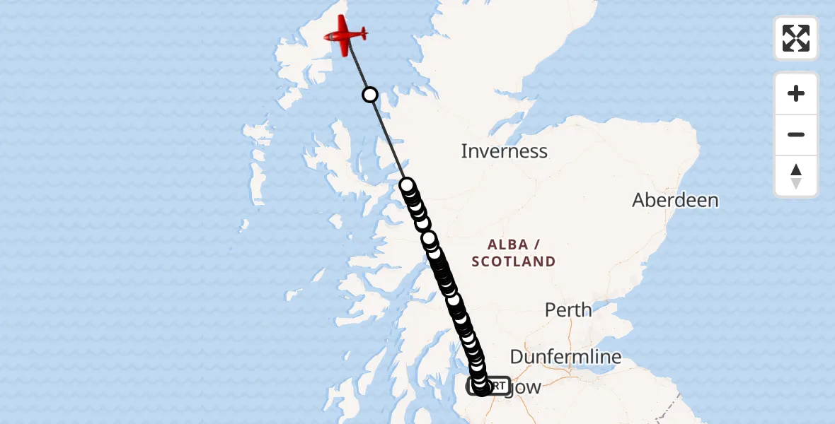 Flight path map showing Air Ambulance Aircraft route from Glasgow Airport to Inner Seas