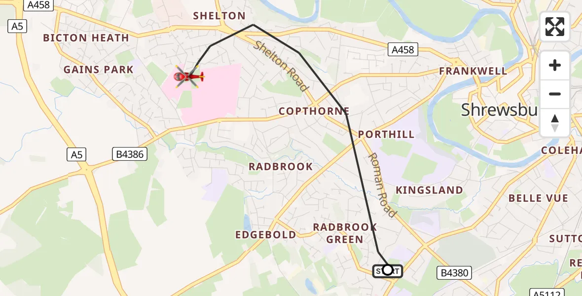 Flight path map showing Air Ambulance Helicopter route from Shrewsbury to Shrewsbury