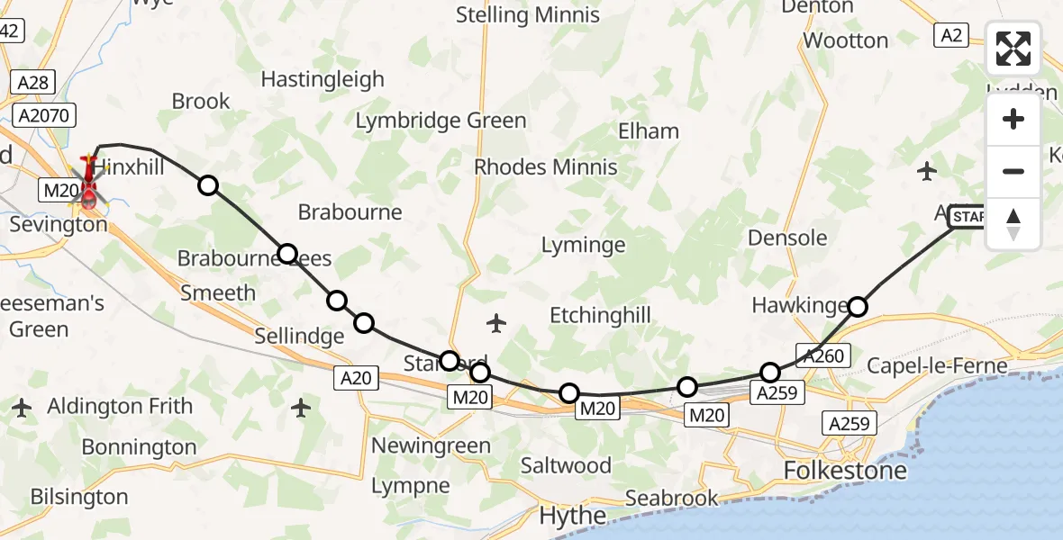 Routekaart van de vlucht: Air Ambulance Helicopter to Hinxhill, Kennington Road