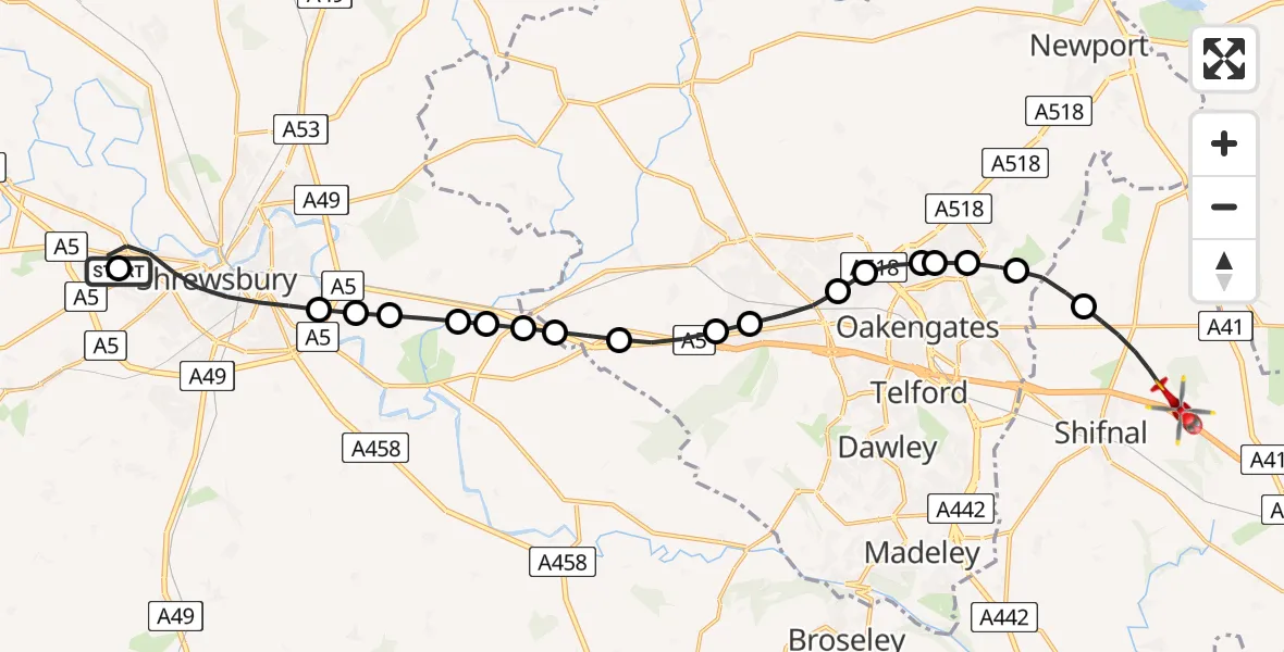 Flight path map showing Air Ambulance Helicopter route from Shrewsbury Royal Hospital to Shifnal
