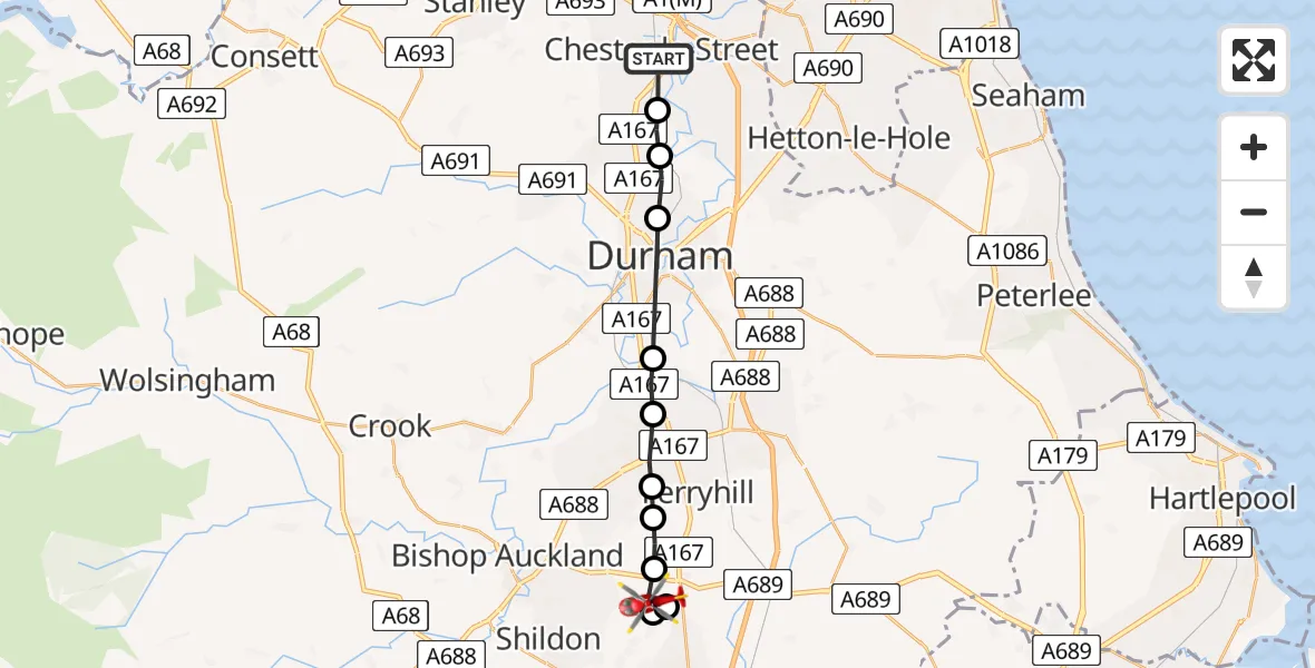 Flight path map showing Air Ambulance Helicopter route from South Pelaw to Spennymoor