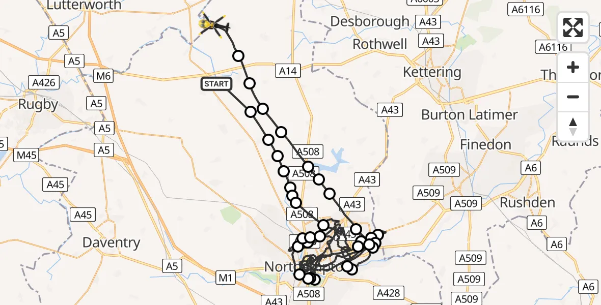 Flight path map showing Police Helicopter route from Naseby to Sibbertoft