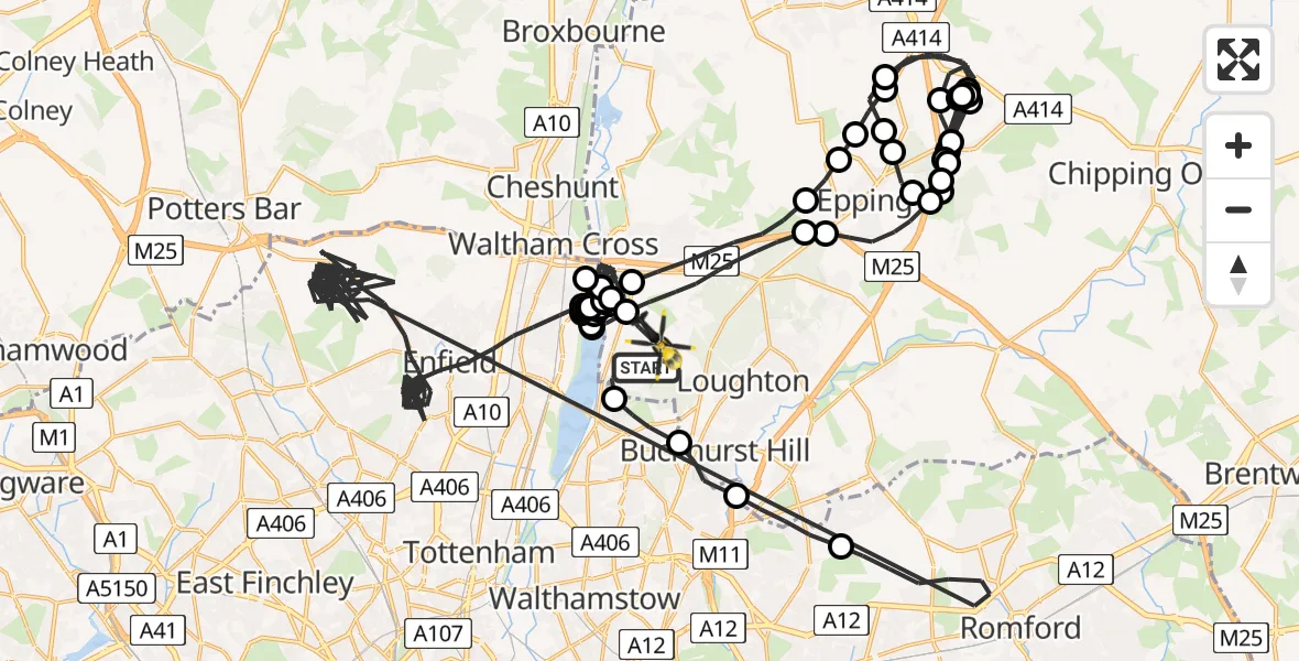 Flight path map showing Police Helicopter route from Sewardstonebury to Epping Forest