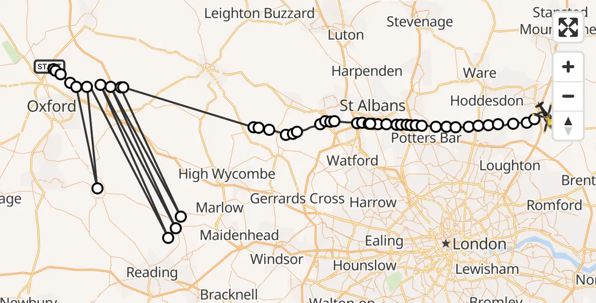 Flight path map showing Police Helicopter route from Cherwell to North Weald Bassett