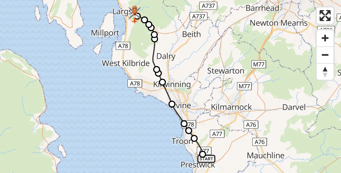 Flight path map showing Coastguard Helicopter route from Glasgow Prestwick Airport to Largs