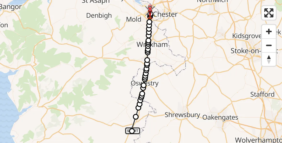 Flight path map showing Air Ambulance Helicopter route from Welshpool Airport to Mancot