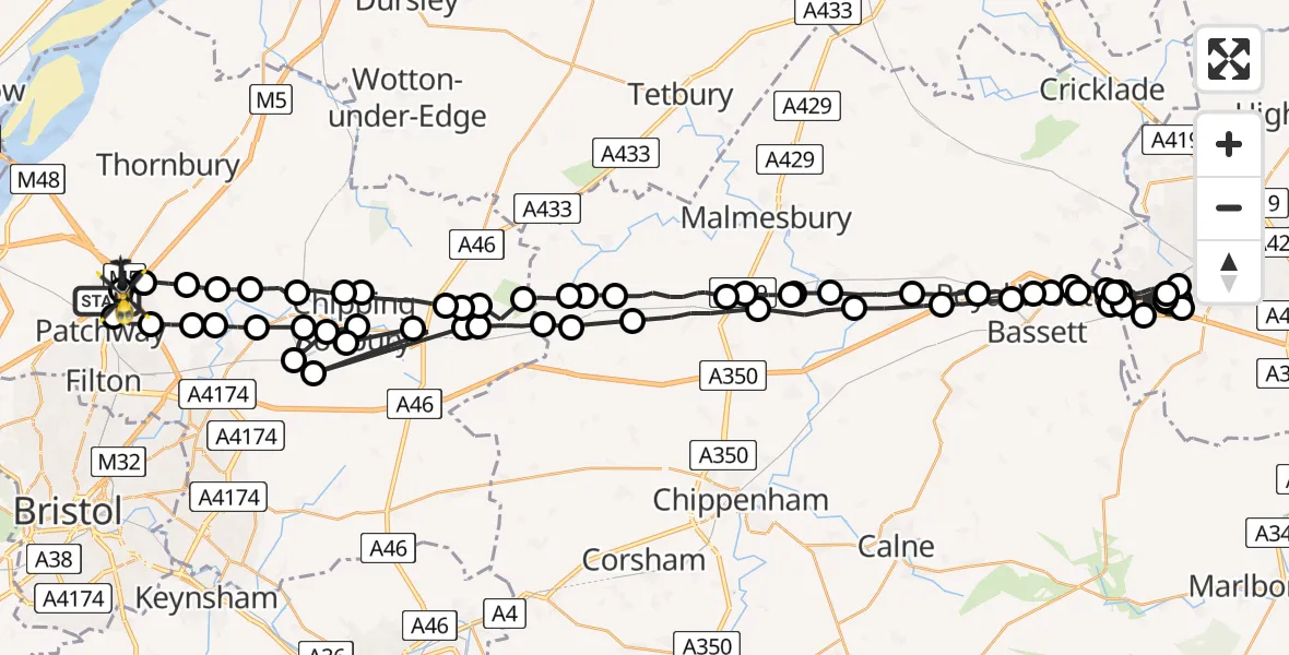 Flight path map showing Police Helicopter route from Almondsbury to Almondsbury Helicopter Base