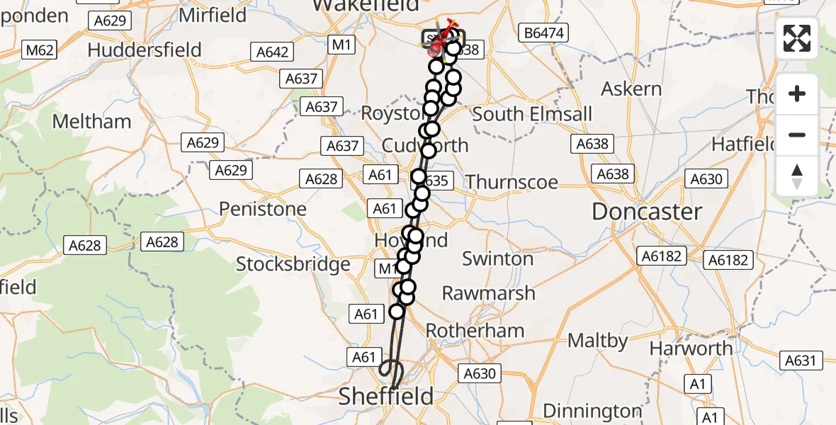 Flight path map showing Air Ambulance Helicopter route from YAA Nostell Helicopter Port to YAA Nostell Helicopter Port