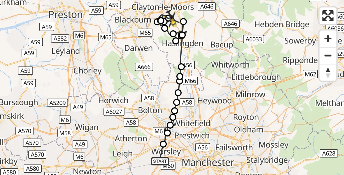 Flight path map showing Police Helicopter route from Worsley to Accrington