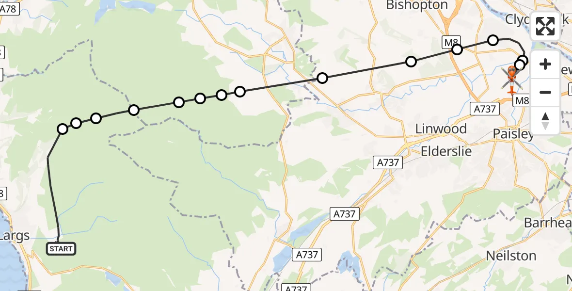 Flight path map showing Coastguard Helicopter route from Largs to Glasgow Airport