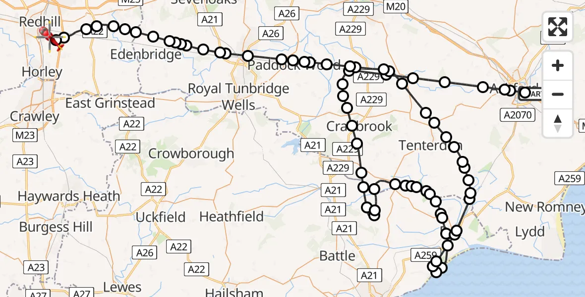 Flight path map showing Air Ambulance Helicopter route from Sevington to Redhill Aerodrome
